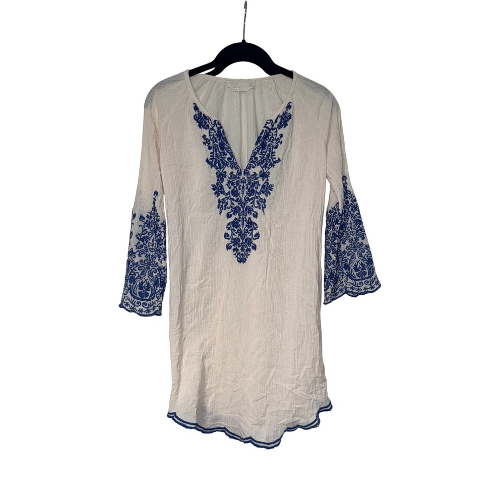 Love Sam Boho Embroidered Tunic Top Womens XS Cream Blue Cotton Gauze